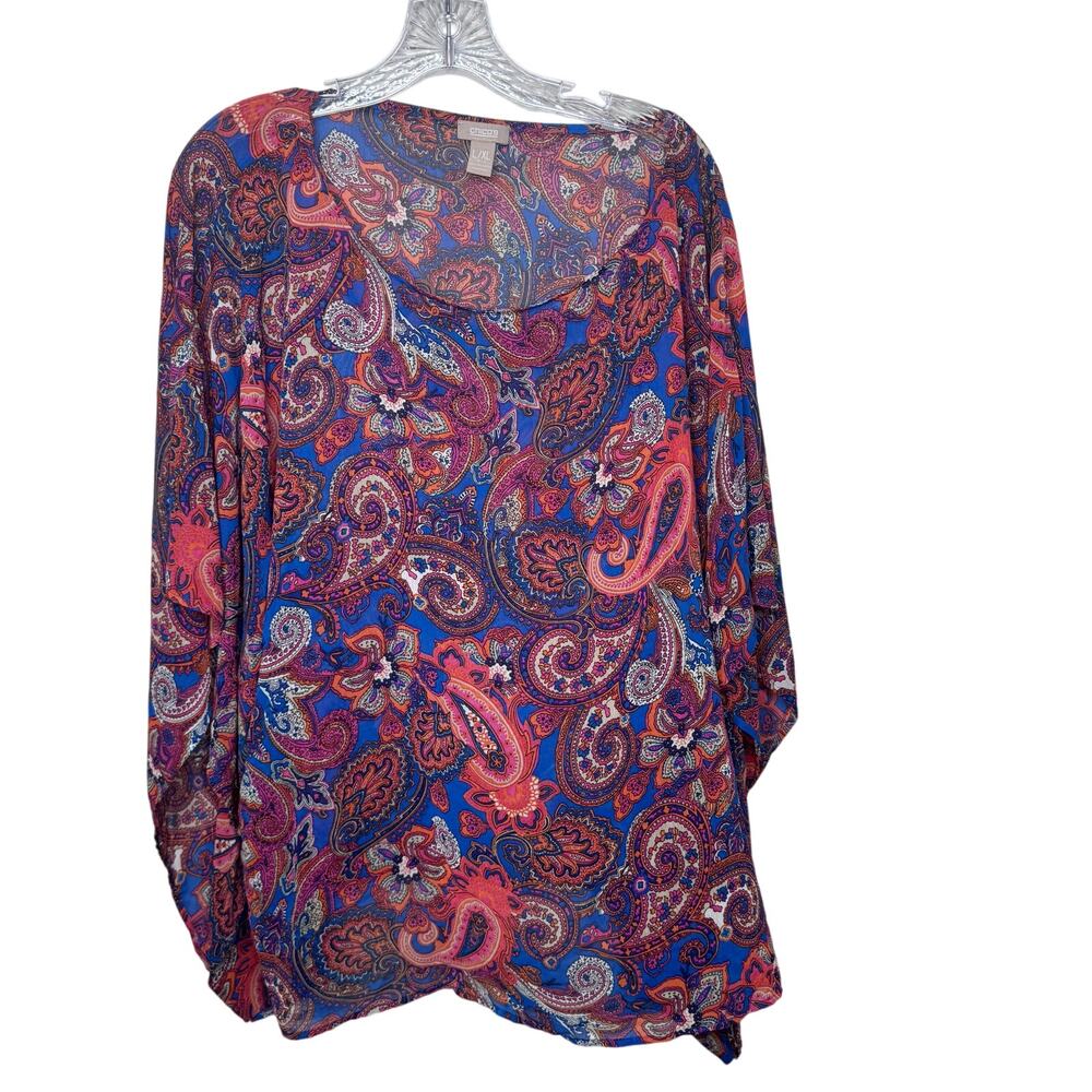 Chico’s L/XL Boho Paisley Print Sheer Blouse Tunic‎ Top Pink Blue Orange Flowy